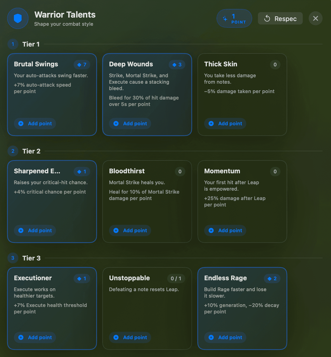 The Warrior Talents screen: three tiers of talents like Brutal Swings, Deep Wounds, and Endless Rage, with points allocated and a Respec button